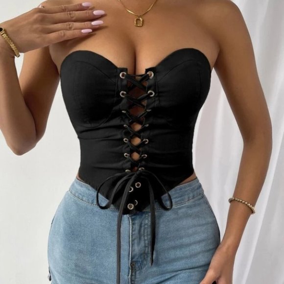 Black Lace Up Front Corset Tube Cropped Bustier Top
